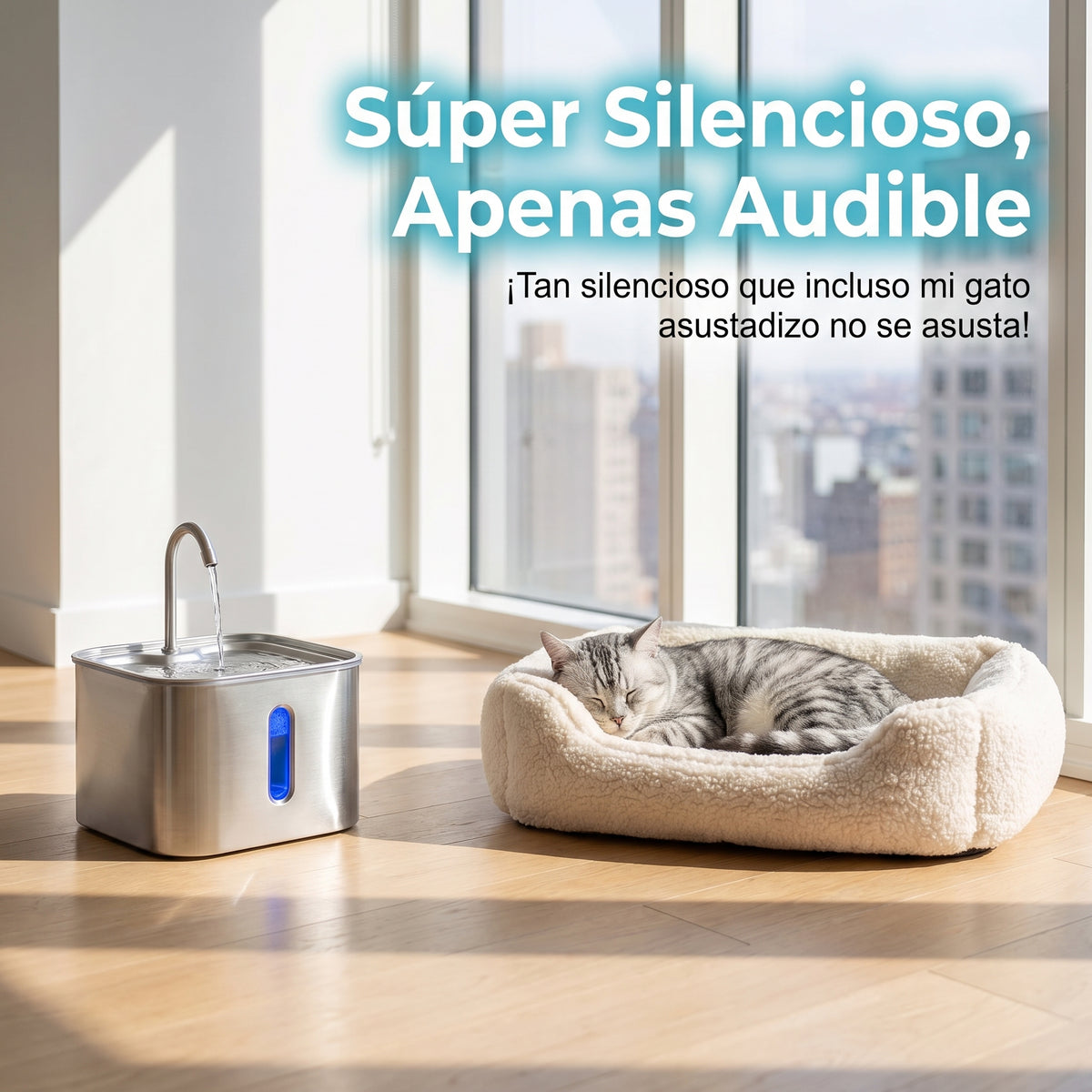 Gato durmiendo junto a la fuente de agua PureFlow