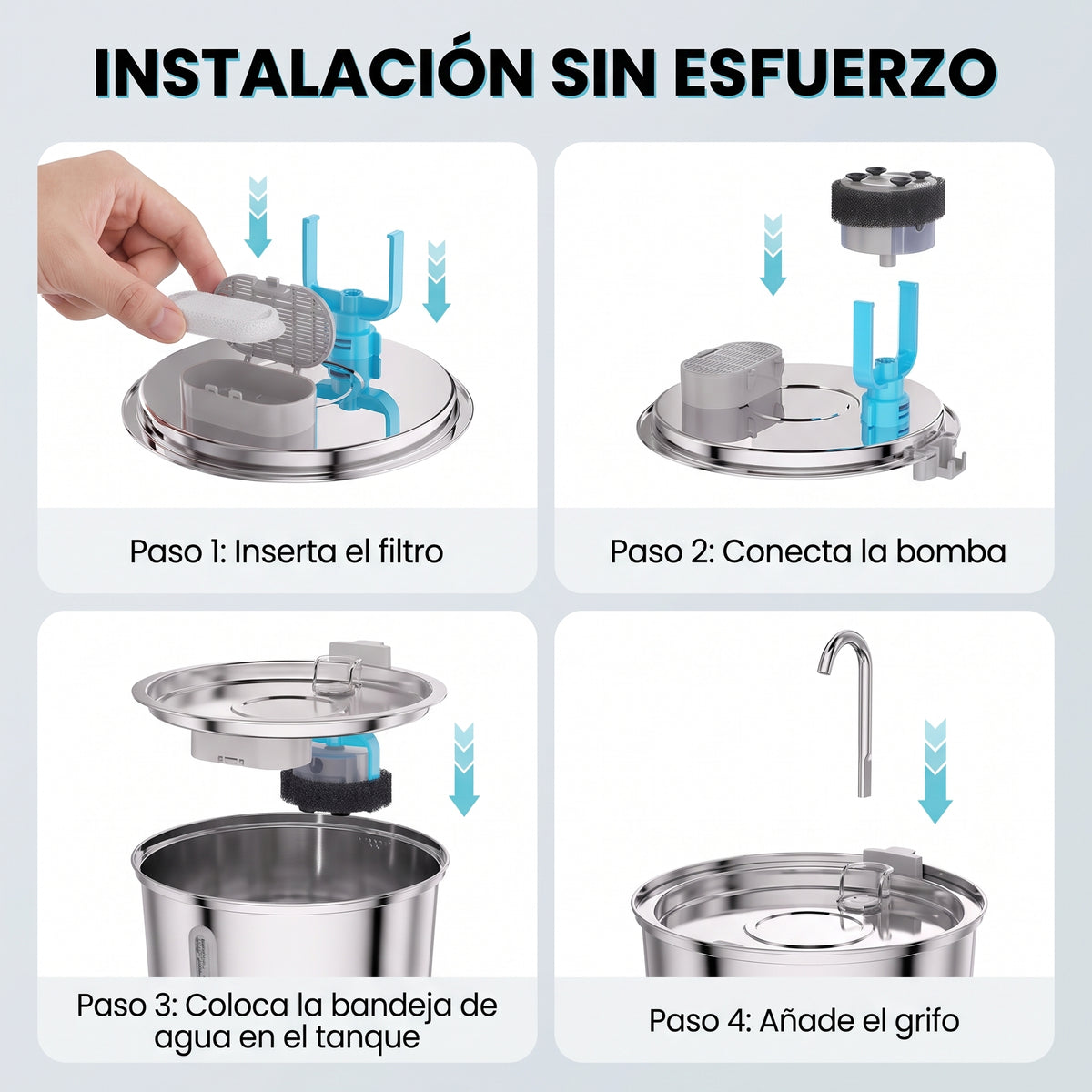 Montaje de la fuente PureFlow en cuatro pasos